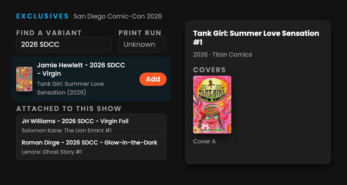 A San Diego Comic-Con 2026 exclusive being attached in the organizer portal and appearing beside the regular cover on Tank Girl: Summer Love Sensation #1