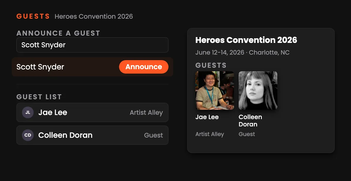 The organizer portal announcing Scott Snyder as a guest of Heroes Convention 2026, his photo arriving on the public listing, and the notification his followers receive