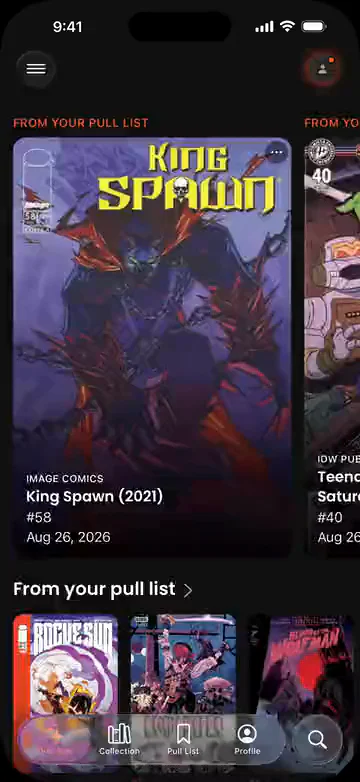 The VerseDB mobile app, adding King Spawn #58 to a collection from the pull list
