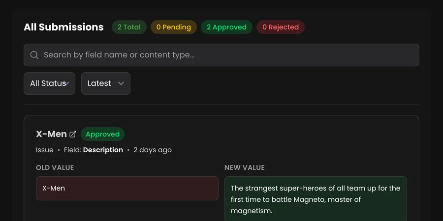 VerseDB submissions page showing an approved community content edit