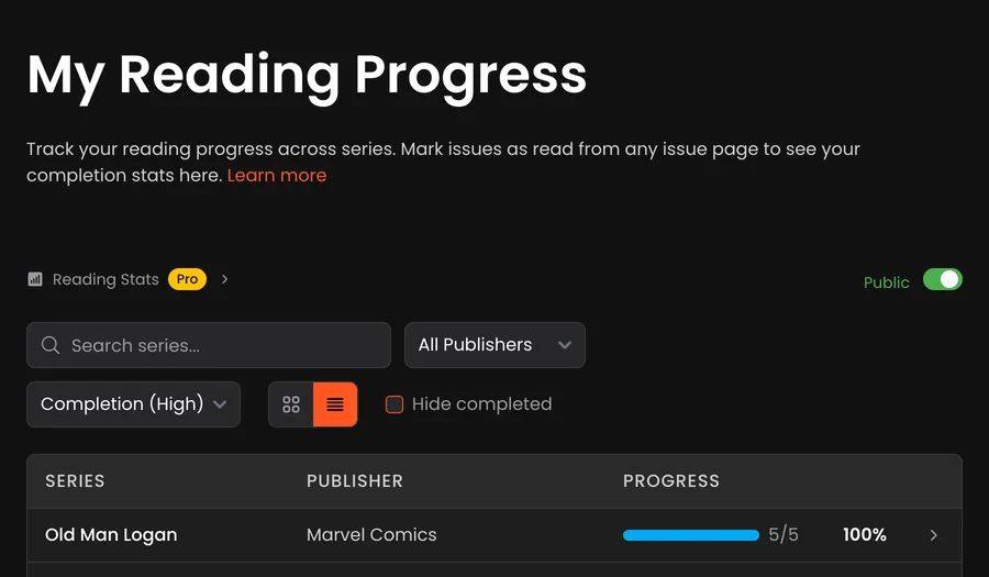 VerseDB reading progress table showing series completion percentages