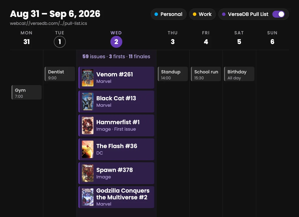 A calendar week with the VerseDB pull list switched on as a subscribed calendar, filling Wednesday with the issues shipping that day