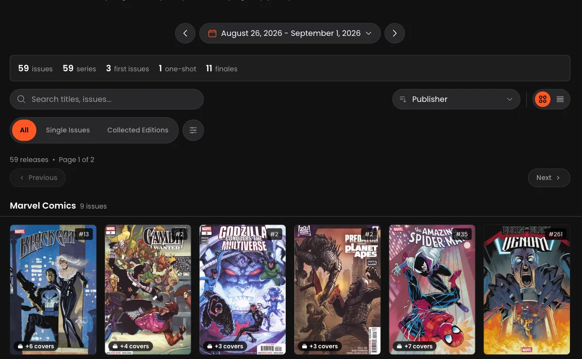 The VerseDB releases page for a single week, grouped by publisher