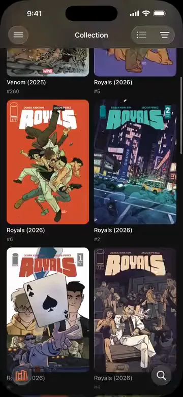 The VerseDB app collection cover wall scrolling through Royals (2026), then opening an issue sheet with its copy, grade and purchase