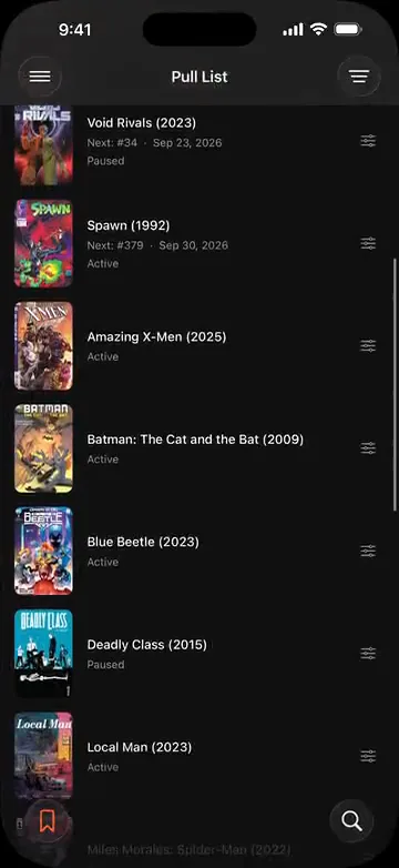 The VerseDB app pull list: Captain America, Fantastic Four, Black Cat and Iron Man, each with its next issue and ship date