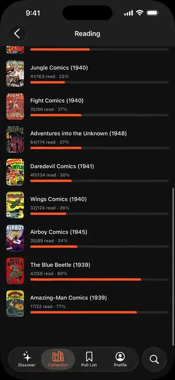 The VerseDB app Reading screen: series in progress, each with issues read and a completion bar