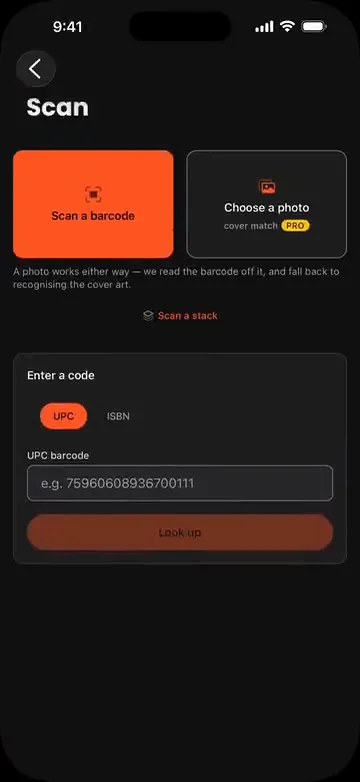 The VerseDB app Scan screen: Scan a barcode, Choose a photo, and a field to type a UPC or ISBN