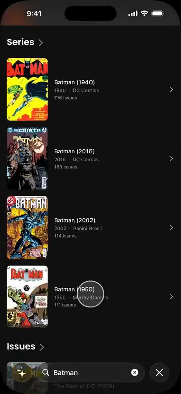 The VerseDB app Search screen: typing Batman and the series results appearing, each with its year, publisher and issue count