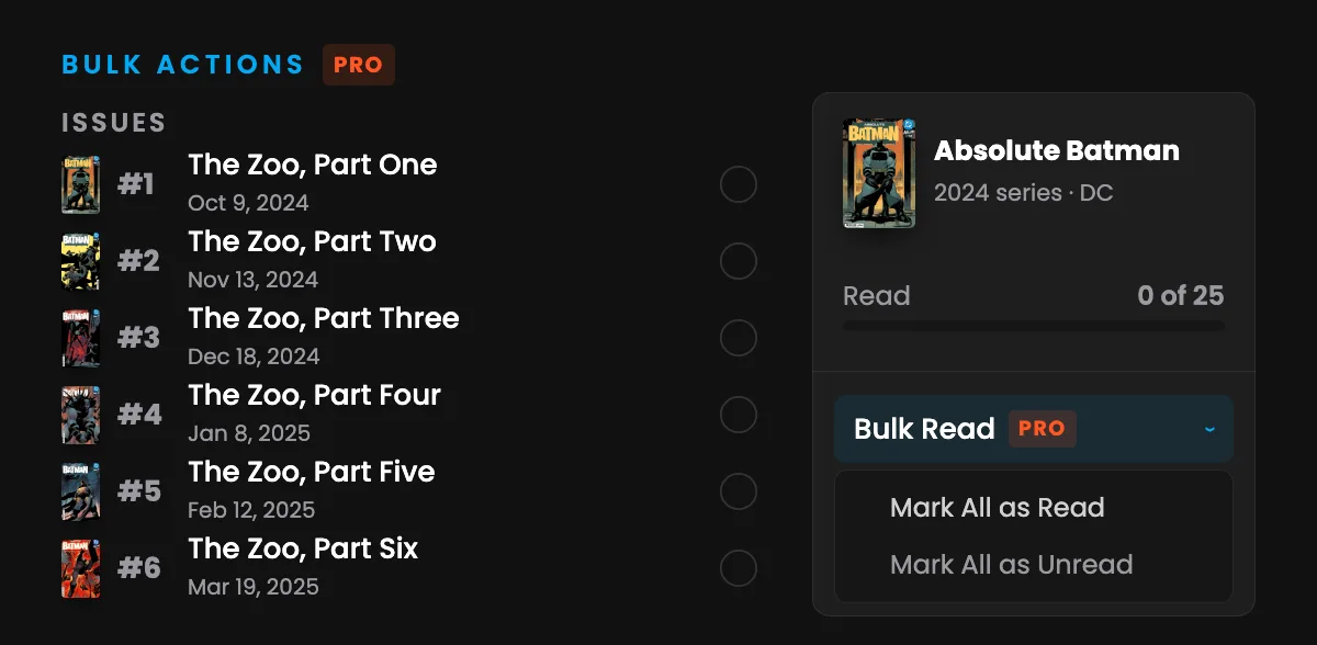 The Bulk Read menu on the Absolute Batman series page marking all twenty-five issues read at once