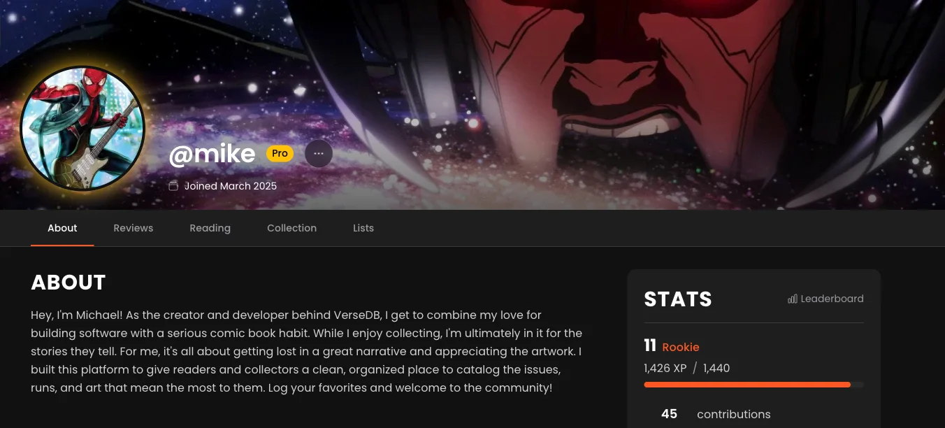 A VerseDB PRO profile: a custom banner, an avatar with a gold glow, and the PRO badge next to the username