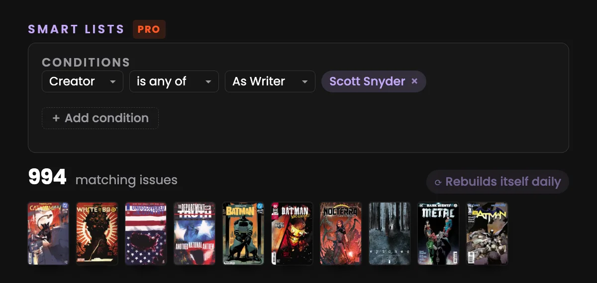 The VerseDB smart-list rule builder narrowing every issue Scott Snyder wrote down to the ones from the last twenty-four months