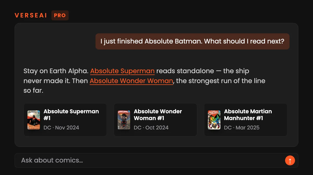The VerseAI panel answering what to read after Absolute Batman, with Absolute Superman, Absolute Wonder Woman and Absolute Martian Manhunter as linked cards